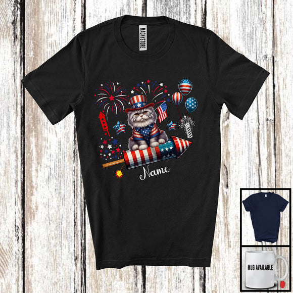 MacnyStore - Personalized British Longhair Riding Firecracker, Lovely 4th Of July USA Flag Custom Name, Kitten Owner T-Shirt