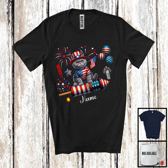 MacnyStore - Personalized British Shorthair Riding Firecracker, Lovely 4th Of July USA Flag Custom Name, Kitten Owner T-Shirt