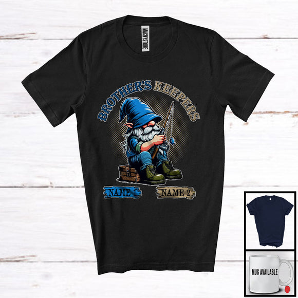 MacnyStore - Personalized Brother's Keepers, Lovely Father's Day Fishing Gnome, Custom 2 Name Family T-Shirt