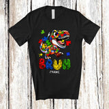 MacnyStore - Personalized Bruh Autism Awareness; Colorful Puzzle Piece Custom Name T-Rex; Family T-Shirt