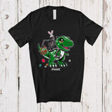 MacnyStore - Personalized Bunny Skeleton Riding T-Rex; Humorous Easter Eggs Hunting; Custom Name Family T-Shirt