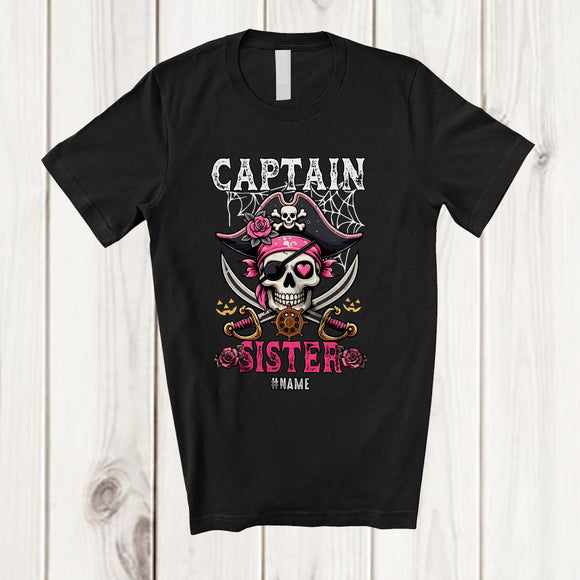MacnyStore - Personalized Captain Sister; Amazing Halloween Costume Pirate Skull; Custom Name Family T-Shirt