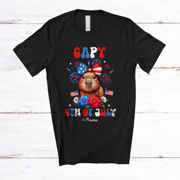 MacnyStore - Personalized Capy 4th Of July; Lovely Custom Name Capybara Groovy Flowers; Patriotic T-Shirt