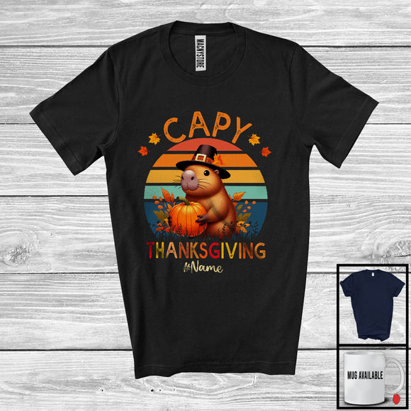 MacnyStore - Personalized Capy Thanksgiving; Lovely Custom Name Capybara Fall Pumpkin Leaves; Vintage Retro T-Shirt
