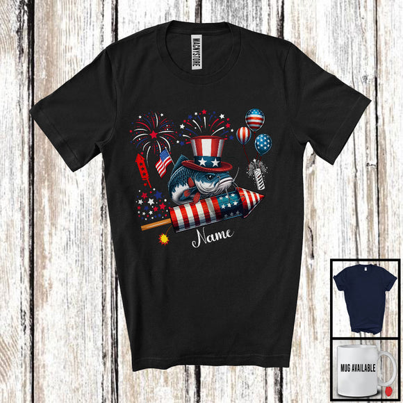 MacnyStore - Personalized Catfish Riding Firecracker, Lovely 4th Of July USA Flag Custom Name, Fish Sea Animal T-Shirt