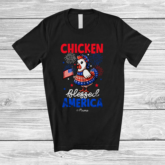 MacnyStore - Personalized Chicken Blessed America; Lovely 4th Of July Custom Name Girls Farmer; Patriotic T-Shirt