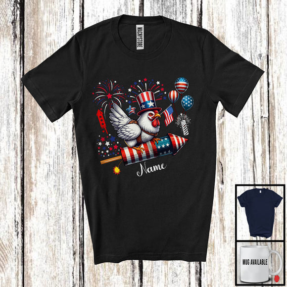 MacnyStore - Personalized Chicken Riding Firecracker, Lovely 4th Of July USA Flag Custom Name, Farm Animal T-Shirt