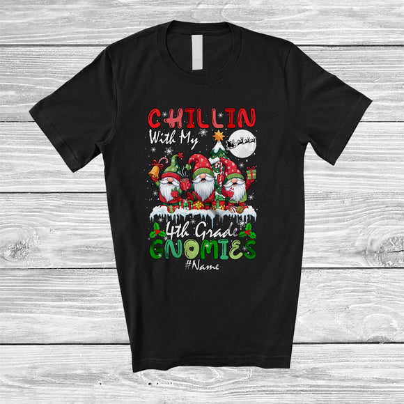 MacnyStore - Personalized Chillin With 4th Grade Gnomies; Joyful Christmas Custom Name Teacher Gnomes T-Shirt