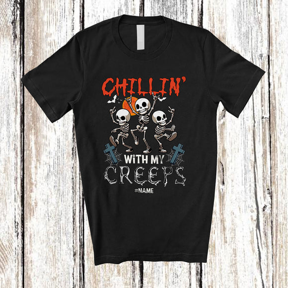 MacnyStore - Personalized Chillin' With My Creeps; Amazing Halloween Horror Skeleton Lover; Custom Name Family T-Shirt