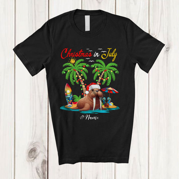 MacnyStore - Personalized Christmas In July; Lovely Summer Vacation Custom Name Walrus Beach; Sea Animal T-Shirt