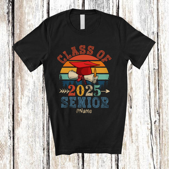 MacnyStore - Personalized Class Of 2025 Senior; Proud Graduation Vintage Retro; Custom Name Graduate T-Shirt