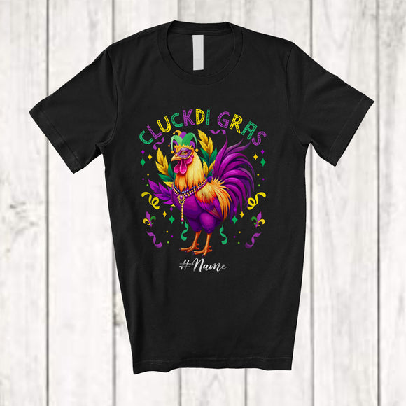 MacnyStore - Personalized Cluckdi Gras; Joyful Mardi Gras Masked Beads Chicken; Custom Name Festival Parades T-Shirt