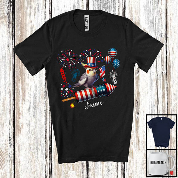 MacnyStore - Personalized Cockatiel Riding Firecracker, Lovely 4th Of July USA Flag Custom Name, Bird Animal T-Shirt