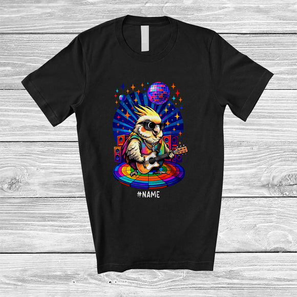 MacnyStore - Personalized Cockatiel Sunglasses Disco Playing Rock Guitar; Amusing Custom Name Guitarist Music T-Shirt
