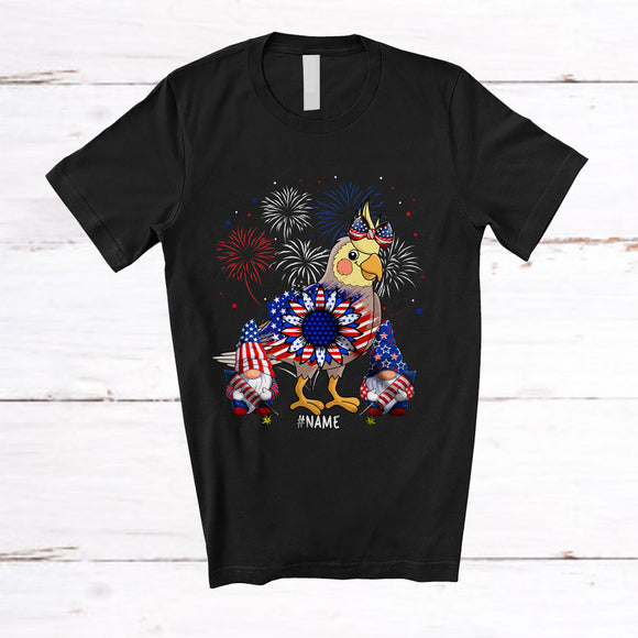 MacnyStore - Personalized Cockatiel With Headband US Flag; Adorable 4th of July Custom Name Patriotic Sunflower T-Shirt