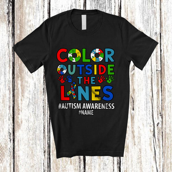 MacnyStore - Personalized Color Outside The Line; Humorous Autism Custom Name Puzzle Ribbon; Family T-Shirt