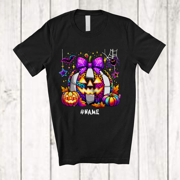 MacnyStore - Personalized Colorful Soccer Leopard Pumpkin; Humorous Halloween Custom Name Soccer Player T-Shirt