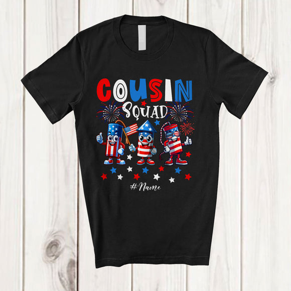 MacnyStore - Personalized Cousin Squad; Joyful 4th of July Birthday 3 Firecrackers; Custom Name Patriotic T-Shirt