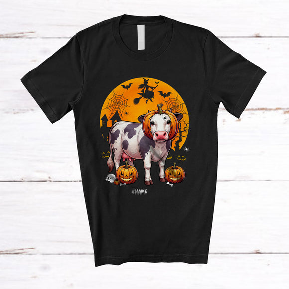 MacnyStore - Personalized Cow Pumpkin Cosplay; Scary Halloween Moon Custom Name Cow Farmer T-Shirt