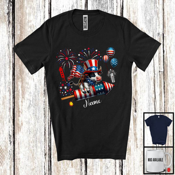 MacnyStore - Personalized Cow Riding Firecracker, Lovely 4th Of July USA Flag Custom Name, Farm Animal T-Shirt