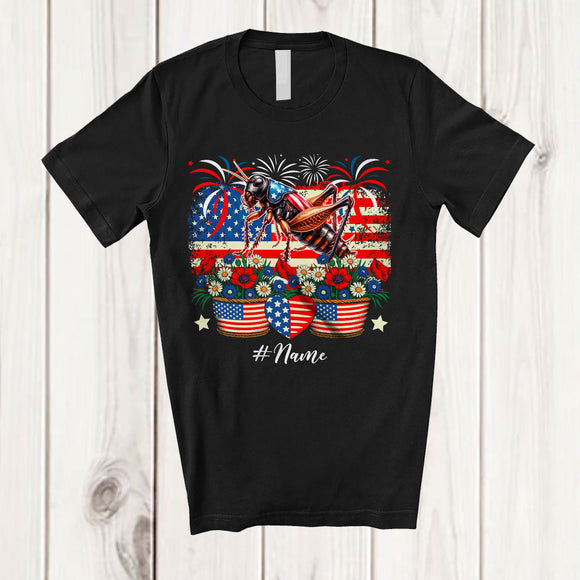 MacnyStore - Personalized Cricket Flowers American Flag; Lovely 4th Of July Custom Name Patriotic T-Shirt