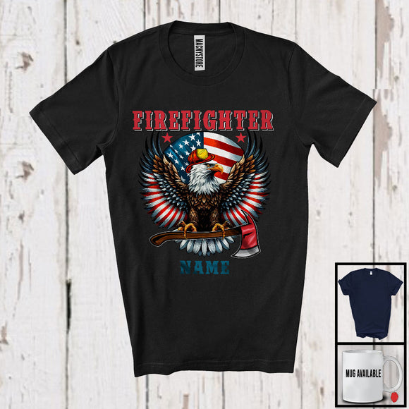 MacnyStore - Personalized Custom Firefighter Name, Awesome 4th Of July Eagle American Flag, Firefighter Group T-Shirt
