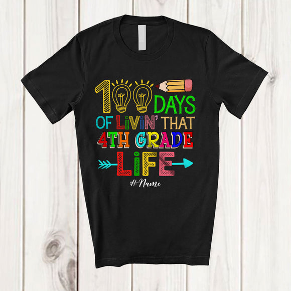 MacnyStore - Personalized Custom Name 100 Days of Livin' 4th Grade Life; Lovely 100th Day Of School Lights Bright T-Shirt