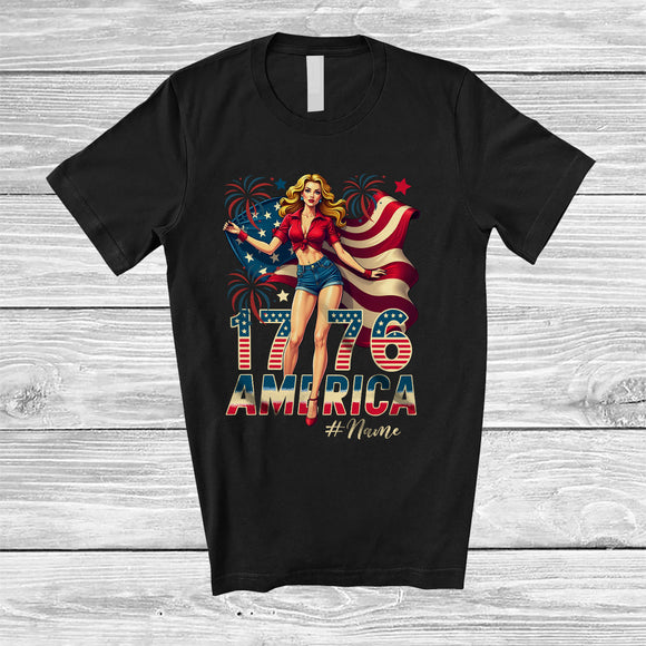 MacnyStore - Personalized Custom Name 1776 America; Lovely 4th of July American Flag Women; Patriotic T-Shirt