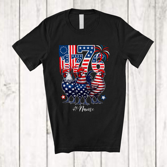 MacnyStore - Personalized Custom Name 1776; Joyful 4th Of July American Flag Chicken; Farm Farmer Patriotic T-Shirt