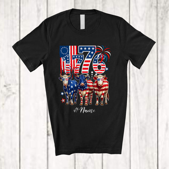 MacnyStore - Personalized Custom Name 1776; Joyful 4th Of July American Flag Cow; Farm Farmer Patriotic T-Shirt