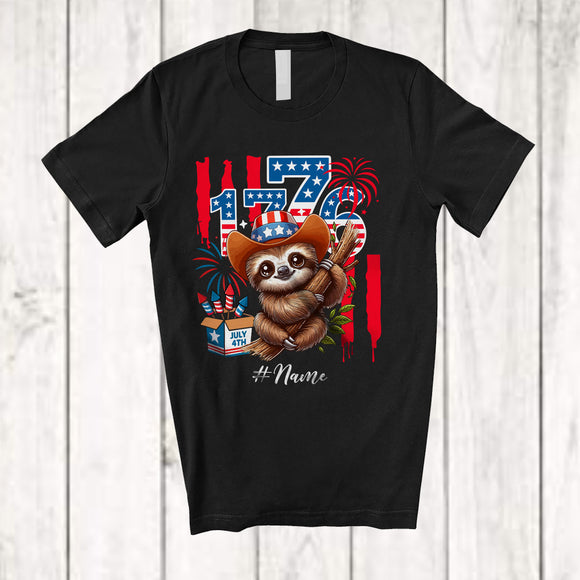 MacnyStore - Personalized Custom Name 1776; Lovely 4th Of July American Flag Sloth Lover; Patriotic T-Shirt