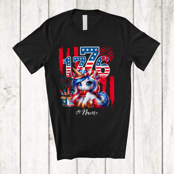 MacnyStore - Personalized Custom Name 1776; Lovely 4th Of July American Flag Unicorn Lover; Patriotic T-Shirt