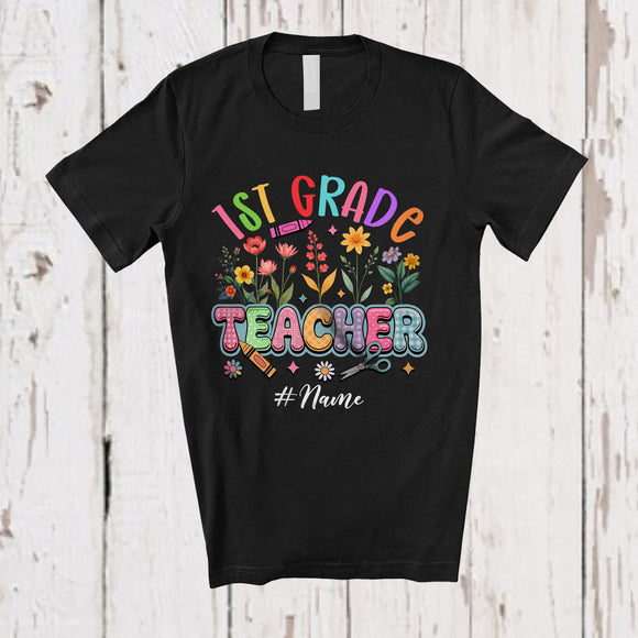 MacnyStore - Personalized Custom Name 1st Grade Teacher; Amazing Back To School Floral; Teacher Group T-Shirt