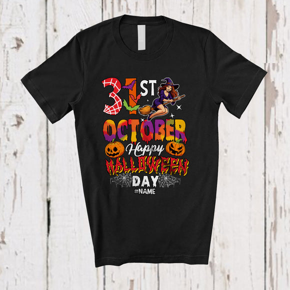 MacnyStore - Personalized Custom Name 31st October Happy Halloween Day; Humorous Flying Witch T-Shirt
