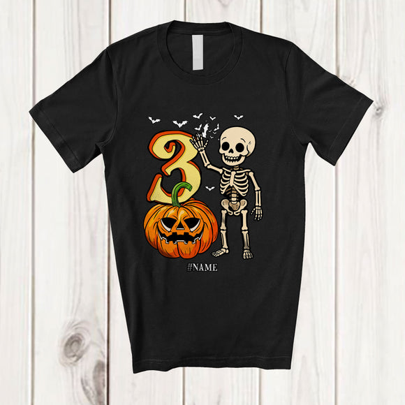 MacnyStore - Personalized Custom Name 3rd Birthday Skeleton; Amazing Halloween 3 Years Old Pumpkin; Family T-Shirt