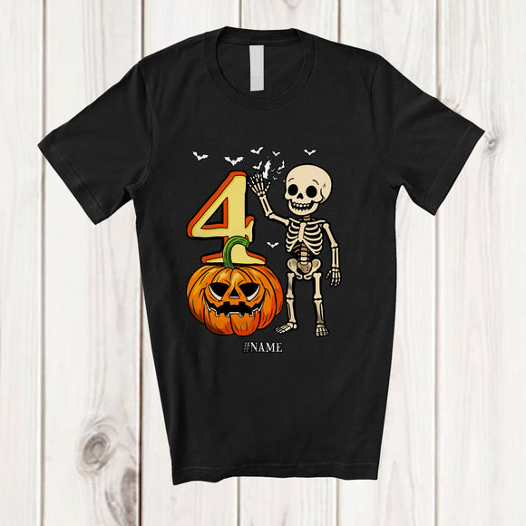 MacnyStore - Personalized Custom Name 4th Birthday Skeleton; Amazing Halloween 4 Years Old Pumpkin; Family T-Shirt