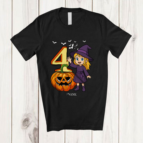 MacnyStore - Personalized Custom Name 4th Birthday Witch; Amazing Halloween 4 Years Old Pumpkin; Family T-Shirt