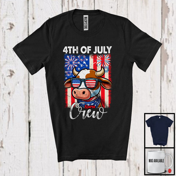 MacnyStore - Personalized Custom Name 4th Of July Crew, Lovely Cow Farmer Lover, American Flag Patriotic T-Shirt