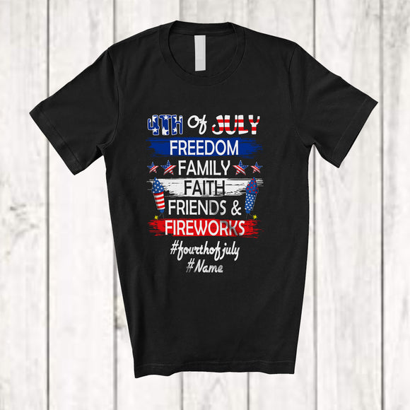 MacnyStore - Personalized Custom Name 4th Of July Freedom Family; Joyful American Flag Firework; Patriotic T-Shirt