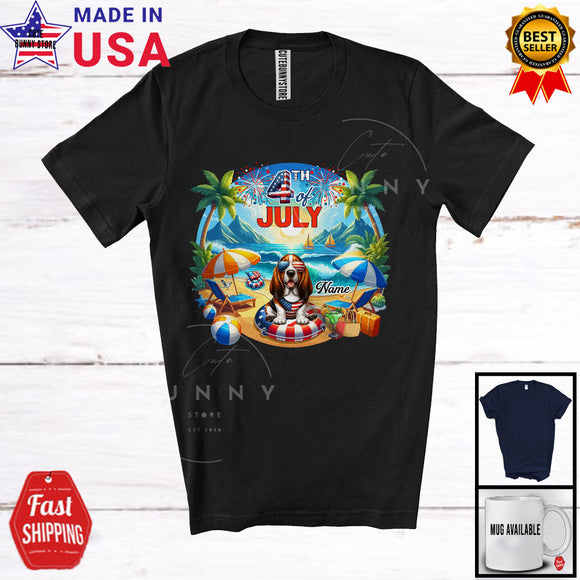 MacnyStore - Personalized Custom Name 4th Of July, Lovely Summer Vacation Basset Hound On Beach T-Shirt