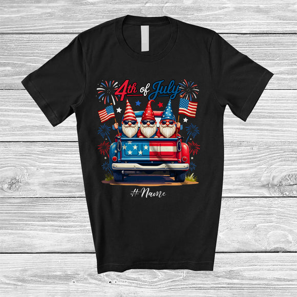 MacnyStore - Personalized Custom Name 4th Of July; Lovely US Flag Gnomes On Truck Fireworks; Patriotic T-Shirt