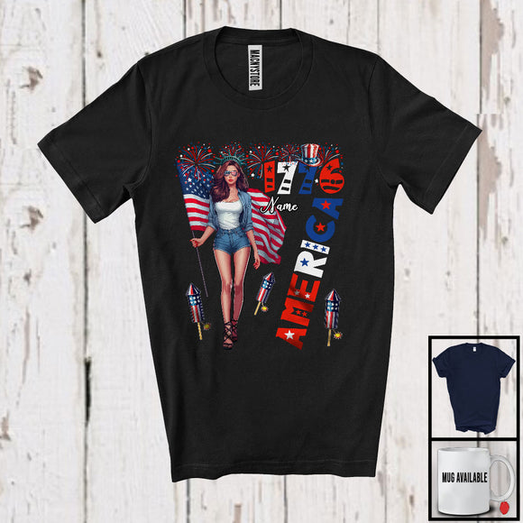 MacnyStore - Personalized Custom Name 4th of July 1776 America, Proud American Flag Women Girl, Patriotic T-Shirt