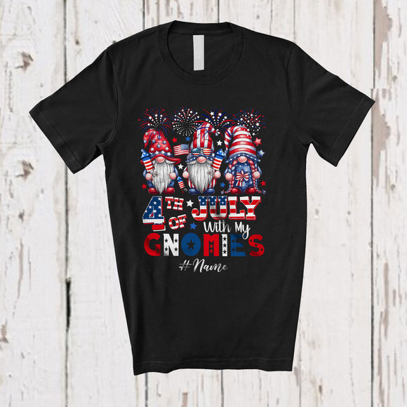 MacnyStore - Personalized Custom Name 4th of July with my Gnomies; Cheerful Three USA Gnomes; Patriotic T-Shirt