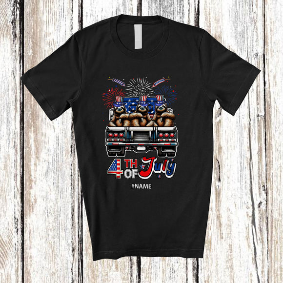 MacnyStore - Personalized Custom Name 4th of July; Lovely Three US Flag Sloth On Truck; Patriotic T-Shirt