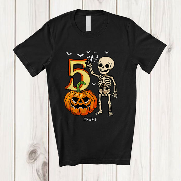 MacnyStore - Personalized Custom Name 5th Birthday Skeleton; Amazing Halloween 5 Years Old Pumpkin; Family T-Shirt