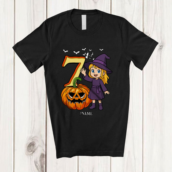 MacnyStore - Personalized Custom Name 7th Birthday Witch; Amazing Halloween 7 Years Old Pumpkin; Family T-Shirt