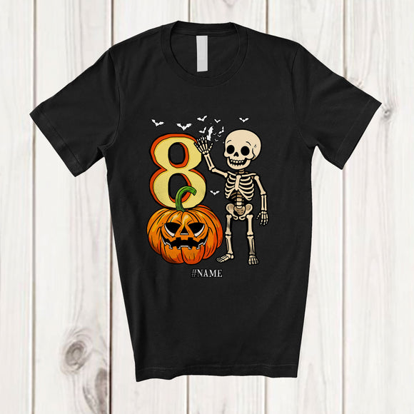 MacnyStore - Personalized Custom Name 8th Birthday Skeleton; Amazing Halloween 8 Years Old Pumpkin; Family T-Shirt