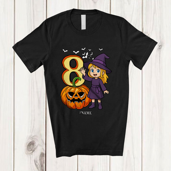 MacnyStore - Personalized Custom Name 8th Birthday Witch; Amazing Halloween 8 Years Old Pumpkin; Family T-Shirt