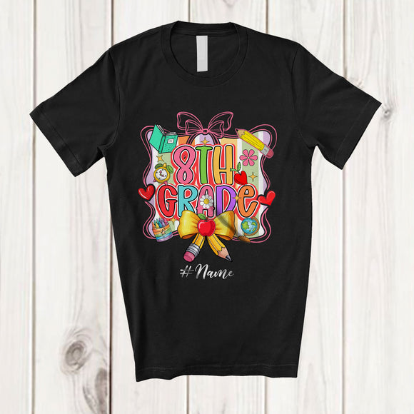 MacnyStore - Personalized Custom Name 8th Grade; Lovely First Day of School Back To School Coquette Pencil T-Shirt