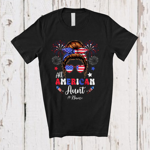 MacnyStore - Personalized Custom Name All American Aunt; Lovely 4th Of July Messy Bun Hair; Patriotic Family T-Shirt